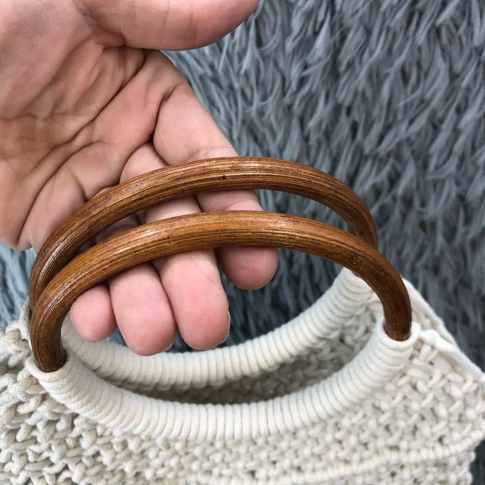 Crossi Purse Beige Boho Wood Double Handle Macrame Hand Bag